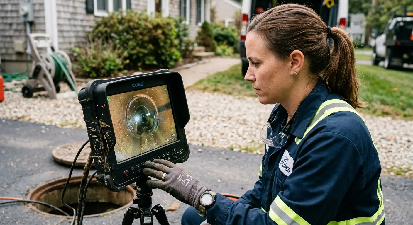 Technician reviewing sewer camera inspection footage in Voorhees