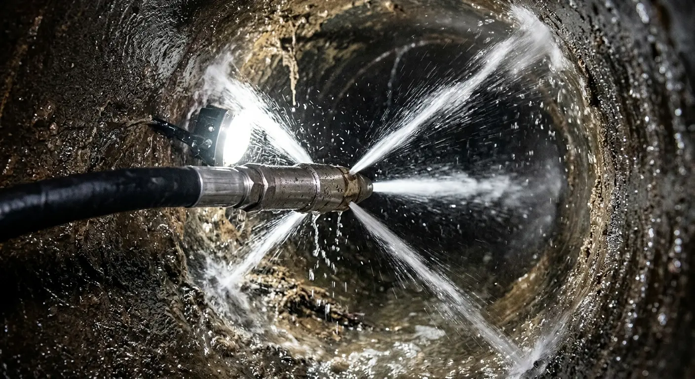 High-pressure hydro jetting nozzle cleaning sewer pipe for Trenchless Sewer Repair in Voorhees