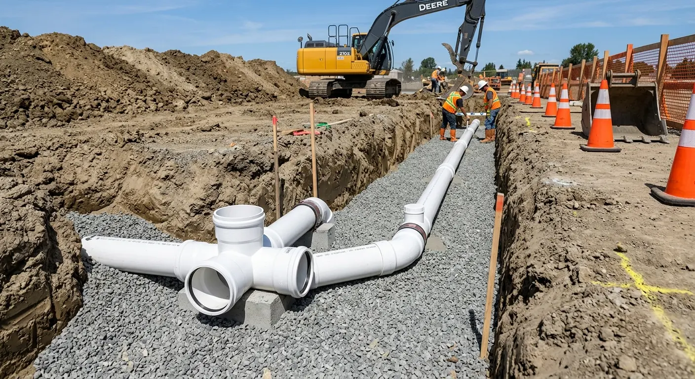New PVC sewer pipe installation in open trench for Commercial Drain Cleaning in Voorhees