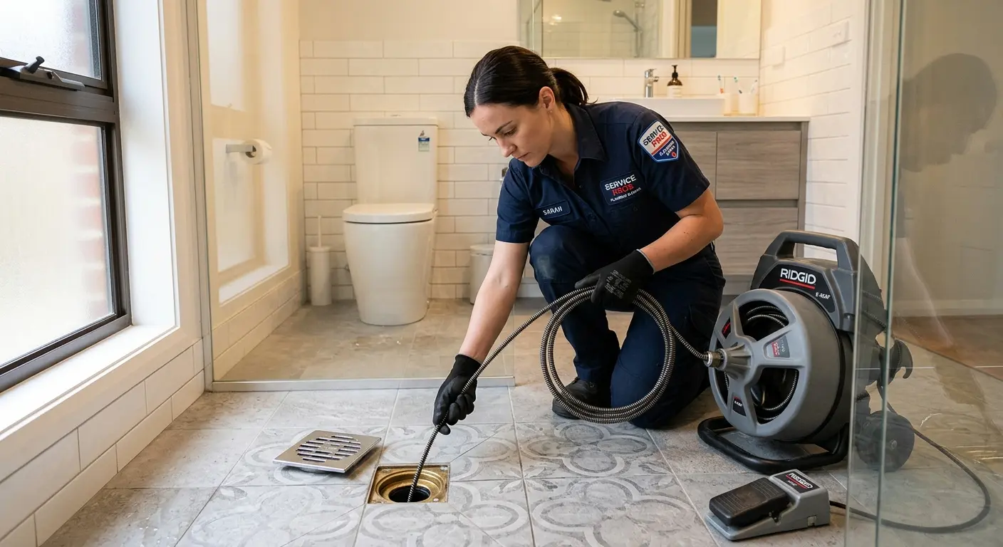 Technician clearing a bathroom floor drain for Drain Cleaning in Voorhees